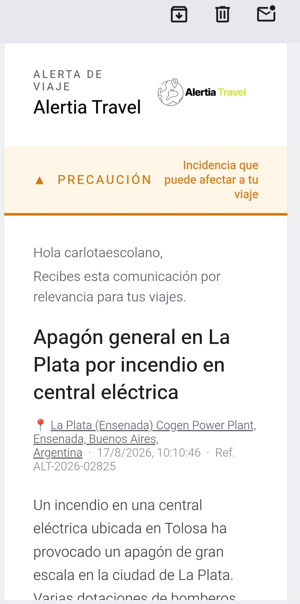 Alertia Travel alert email sent to a corporate traveler