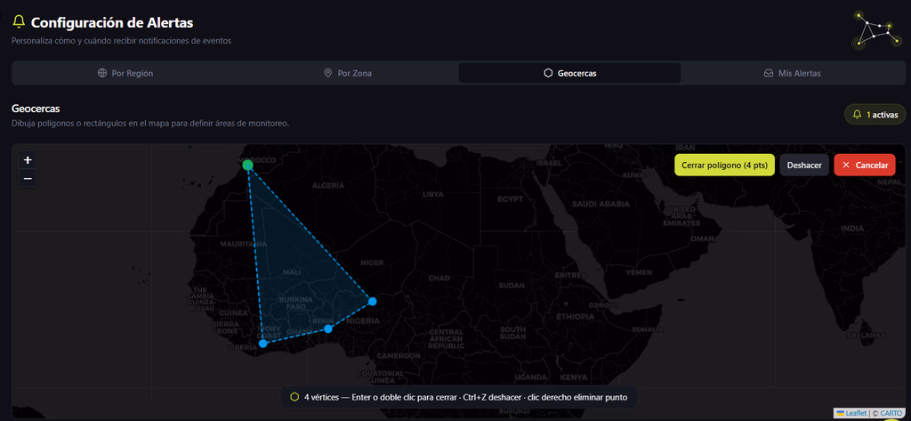 Geocerca personalizada con polígono dibujado en el mapa de Alertia
